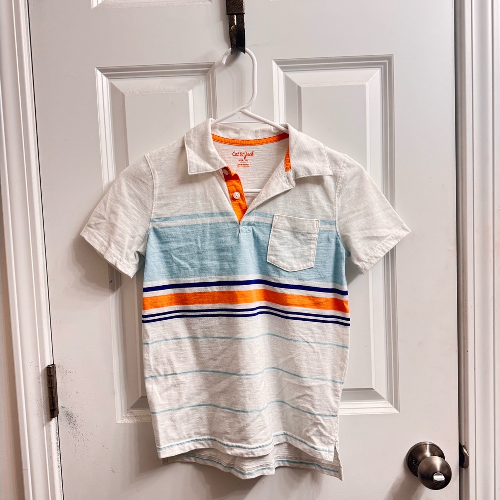 Cat & Jack Kids Striped Polo Shirt - White, Blue and Orange - Size 8/10 M